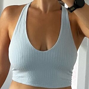 Lulu's Sky Blue Scoop Neck Ribbed Tie Back Top